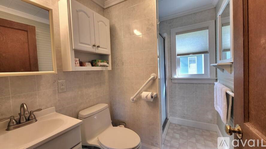 A bathroom with a toilet, sink, and shower.