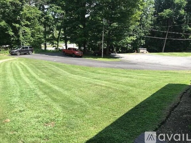 A grassy area with a car and a truck parked in the background.