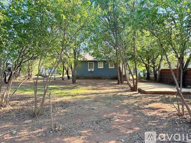 A backyard with a tree-lined fence and a house in the background.