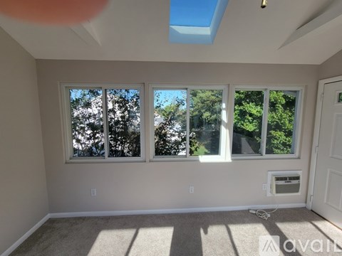 A room with a carpeted floor, a window, and a door.