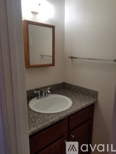 A bathroom with a sink and mirror.