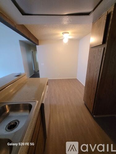 A kitchen area with a sink and wooden cabinets.