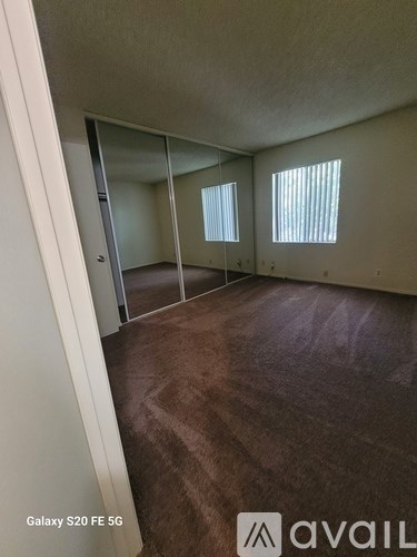 A room with a carpeted floor and a mirror on the wall.