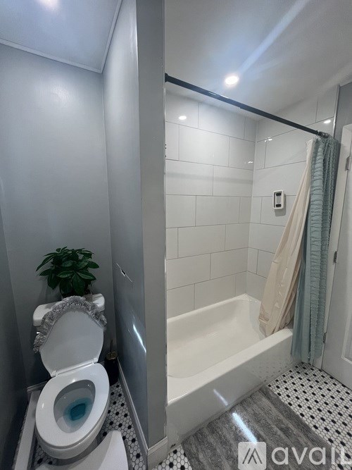 A bathroom with a toilet, a bathtub, and a plant.