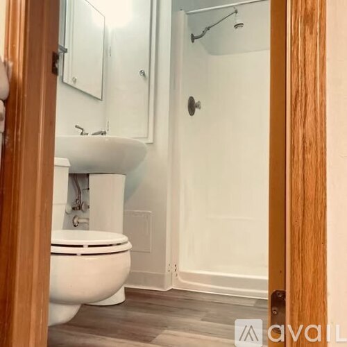 A white toilet is in a bathroom with a wooden door.