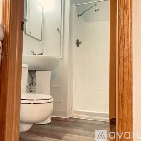 A white toilet is in a bathroom with a wooden door.