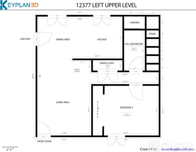 A floor plan for a 12377 left upper level apartment with a living area, dining area, kitchen, two bedrooms, a full bathroom, a linen closet, and a carport.