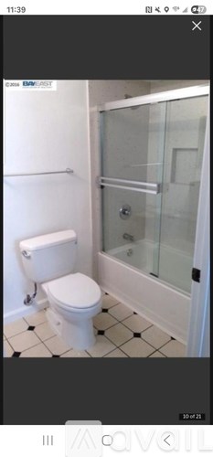 A white toilet in a bathroom with a glass shower door.