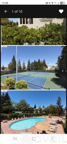 A series of images showing a tennis court, a pool, and a building with the word "Clubhouse" on it.
