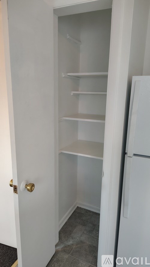 A white door with a gold handle is open.