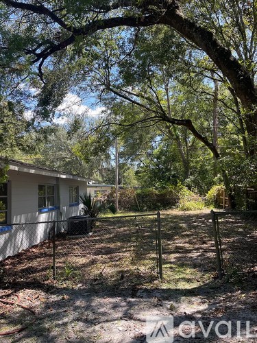A backyard with a fence and a tree.