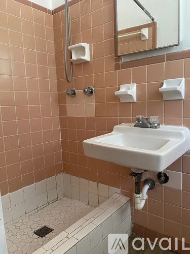 A bathroom with a sink, mirror, and shower.