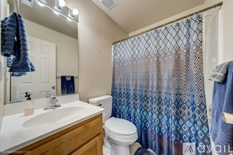 A bathroom with a white sink, toilet, and a blue shower curtain.