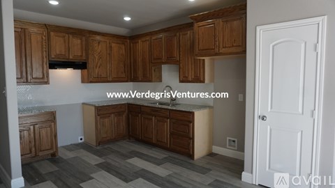 A kitchen with wooden cabinets and a white door.