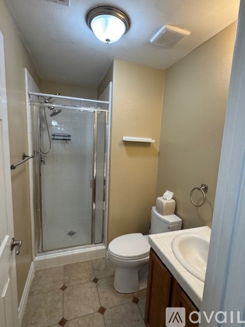 A bathroom with a toilet, sink, and shower.