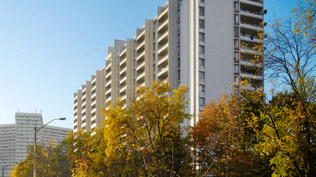 A tall building with many windows is surrounded by trees with yellow leaves.