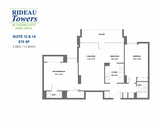 2 bedroom, 1.5 bathroom apartment - Rideau Towers - 35 Thorncliffe Park Drive
