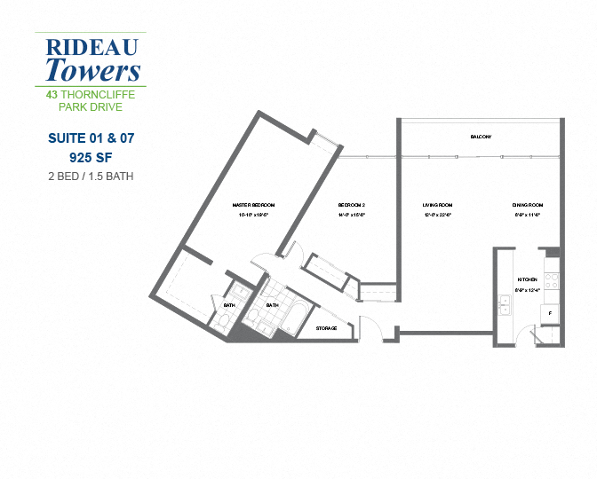 2 bedroom, 1.5 bathroom apartment - Rideau Towers - 43 Thorncliffe Park Drive