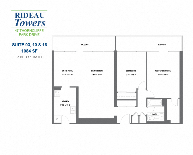2 bedroom, 1 bathroom apartment - Rideau Towers - 47 Thorncliffe Park Drive
