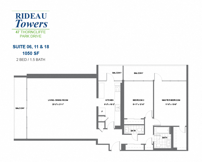 2 bedroom, 1.5 bathroom apartment - Rideau Towers - 47 Thorncliffe Park Drive