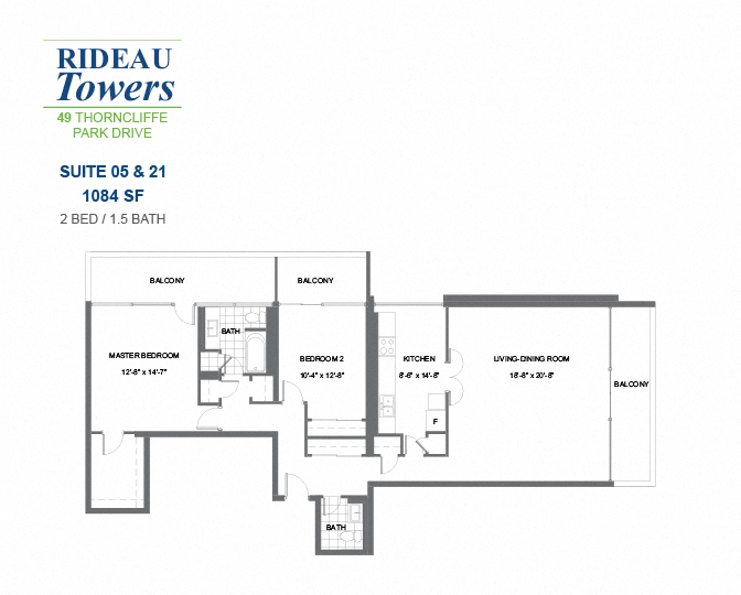 2 bedroom, 1.5 bathroom apartment - Rideau Towers - 49 Thorncliffe Park Drive