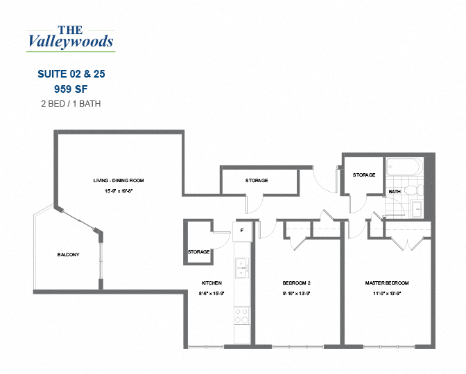 The Valleywoods - 2 BED – 1 BATH - 959 SF – Apartment