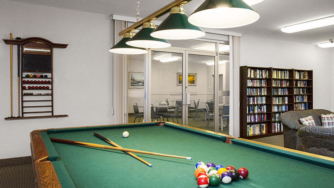 Amenities Room with Pool Table And Library