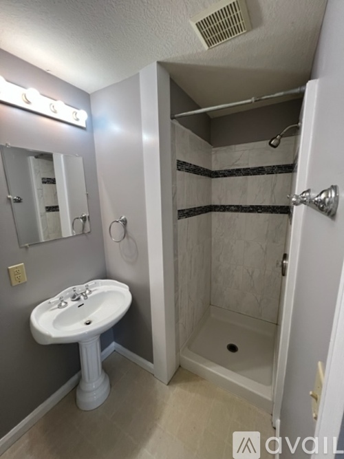 A bathroom with a sink, mirror, and shower.