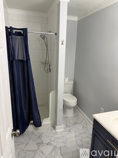A bathroom with a white toilet and a blue shower curtain.