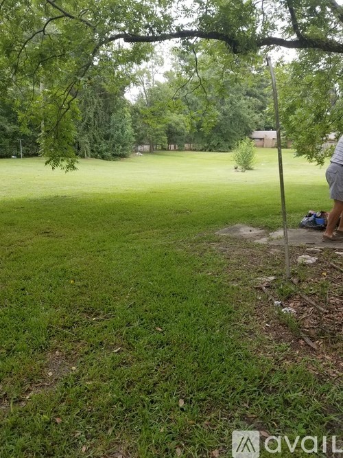 A person is standing near a pole in a grassy area.