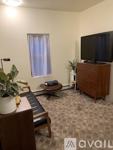 A living room with a couch, chair, and television.