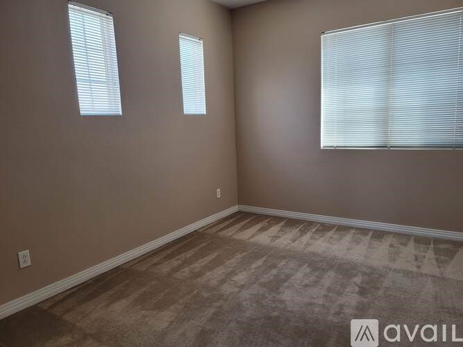 A room with two windows and a carpeted floor.