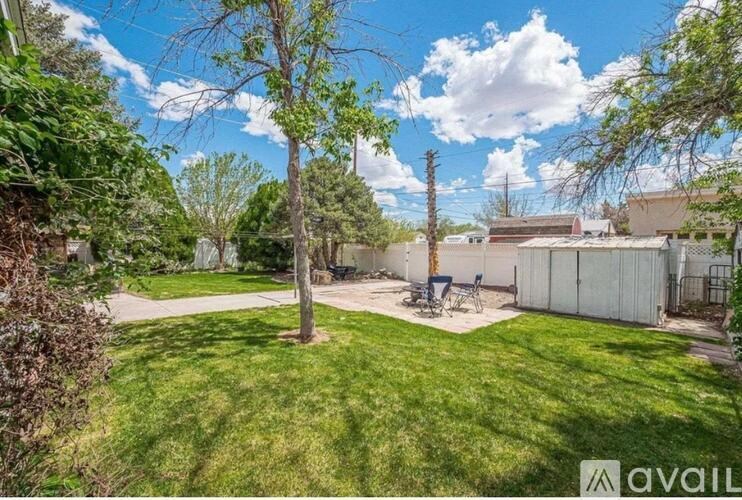 A backyard with a tree, a lawn, and a patio with chairs.
