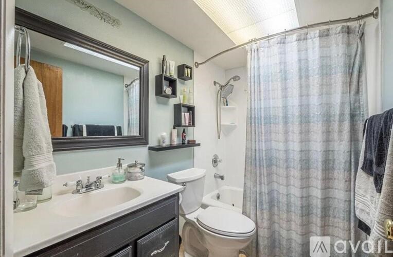 A bathroom with a white sink, toilet, and a shower curtain.