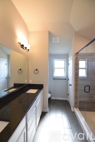 A bathroom with a vanity and a walk-in shower.