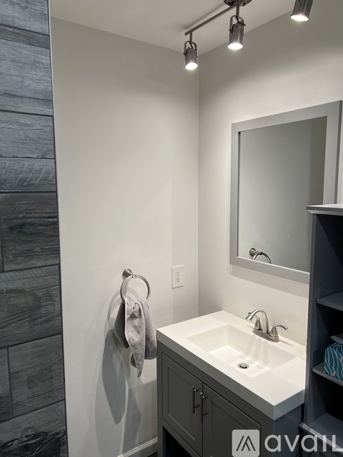 A bathroom with a white sink and a mirror.