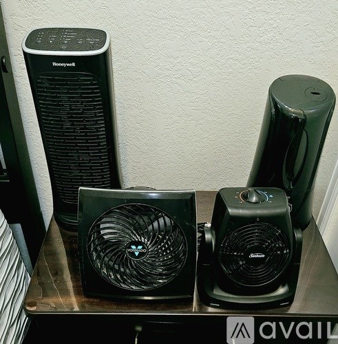 A Honeywell device sits on a table next to a fan.