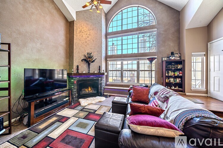 A living room with a fireplace and a television.
