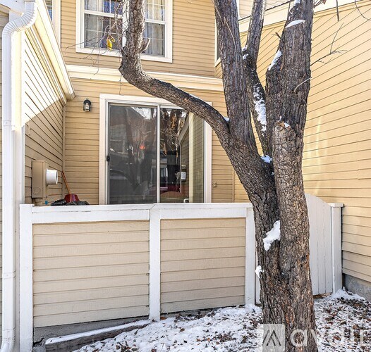 A tree with snow on it is in front of a house.