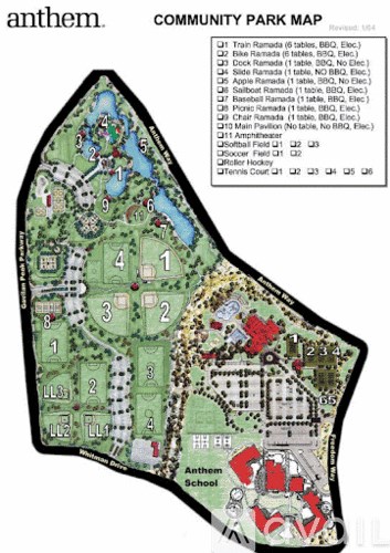 A map of a community park with various facilities and areas marked.