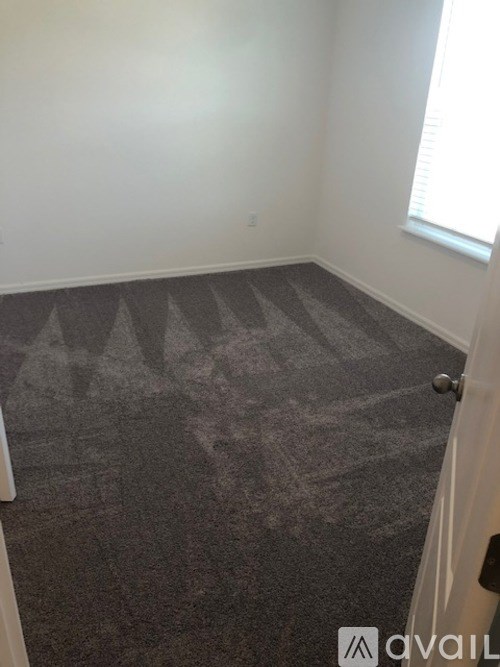 A room with a carpet and a door.
