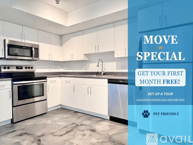 A modern kitchen with a promotion for a free first month.