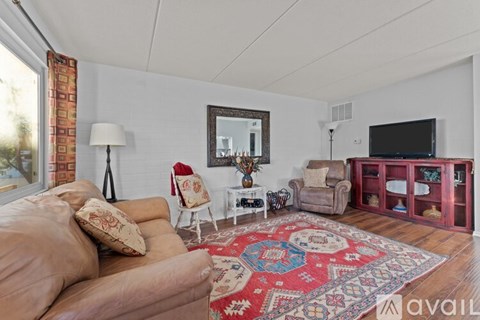 A living room with a brown sofa, a red rug, and a flat screen TV.