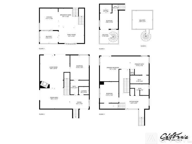 A set of four floor plans for a building with the word "California" at the bottom right corner.