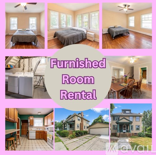 A collage of images showcasing various rooms and furnishings for a furnished room rental.