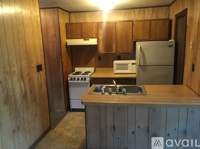 A kitchen with wooden cabinets and a stove top oven.