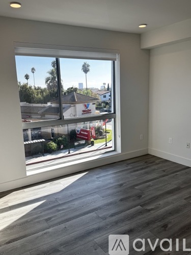 A room with a large window overlooking a street with houses and palm trees.