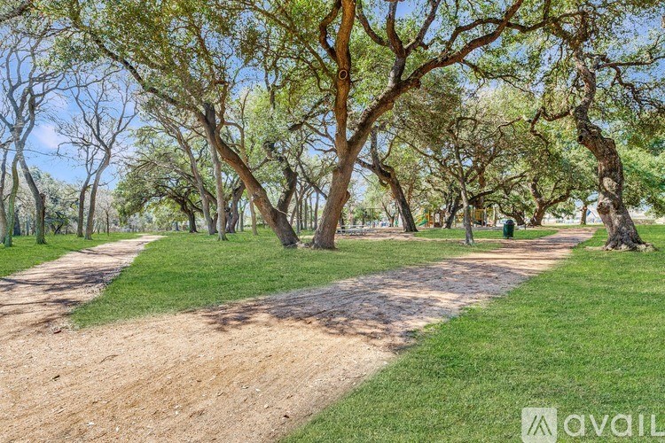 A pathway in a park with trees on both sides.