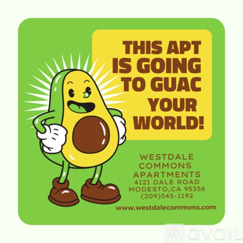 A cartoon character of an apartment is promoting Westdale Commons Apartments.