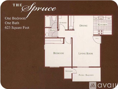 A floor plan for a one bedroom, one bath apartment at The Spruce.